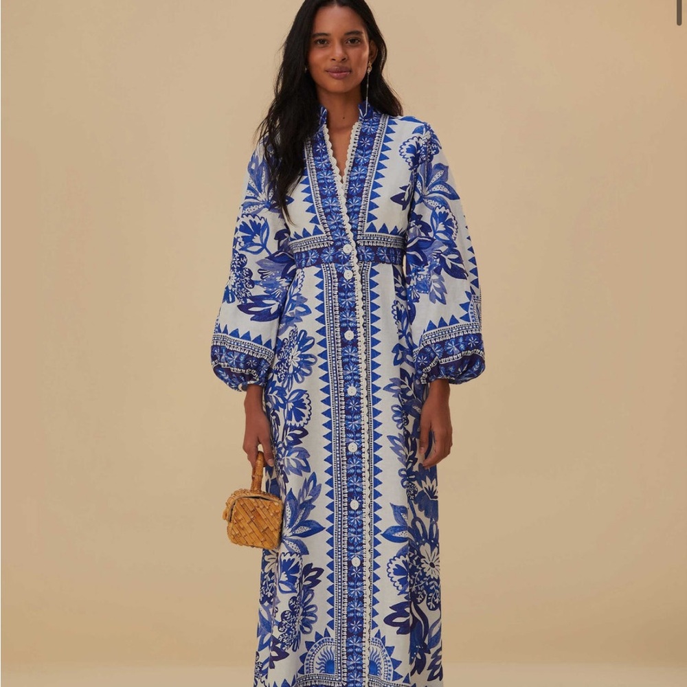 FARM Rio Blue and White Long Sleeve Dress